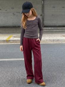 DAZY Tween女孩紫色修身長袖半鈕扣前襟內搭圓領T恤，秋季 - 淺灰紫 - 查看 3