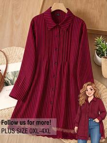 Rusticease Plus Size Red Button Front Lapel Collar Long Sleeve Blouse Elegant Casual Smart Office Working Fall Winter 2026 - Burgundy - View 2