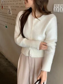 DAZY Women's Solid Color Casual Long Sleeve Cardigan, Autumn/Winter - White - View 10