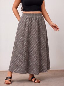 Enliva Plus Size High Waist Plaid A Line Maxi Skirt With Pockets Apple - Brown - View 6