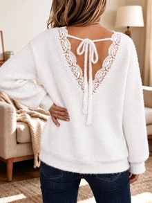 Holdful Holdful Casual Elegant Fashion Lace Patchwork Deep V-Back Design Faux Fur Knit Women's Top Loose Soft Comfortable White Spring Autumn Winter - White - View 1