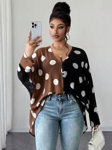 Maweii Blus Lengan Panjang Seksi Wanita Ukuran Plus dengan Motif Polkadot Blok Warna, Belahan Transparan, dan Lengan Kelelawar. - MultiWarna - View 1