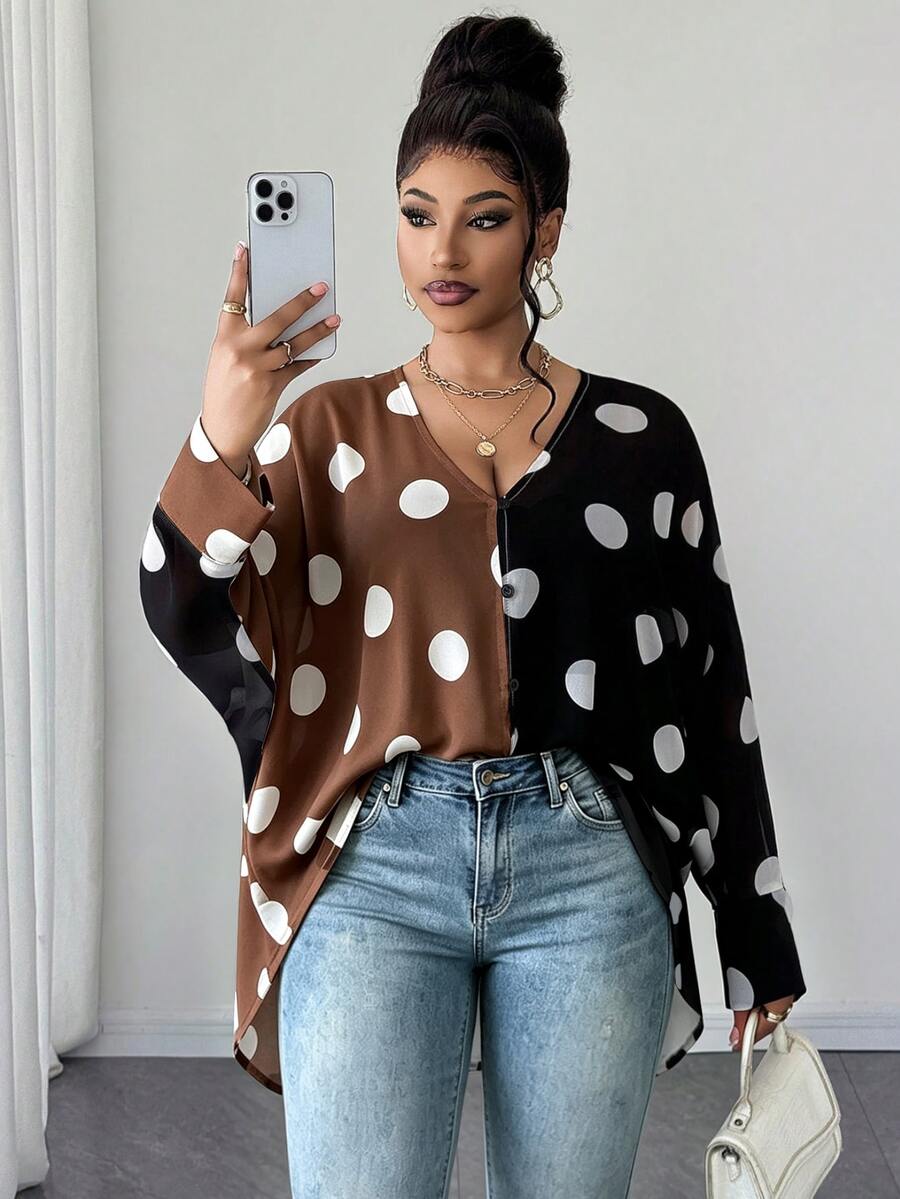 Maweii Blus Lengan Panjang Seksi Wanita Ukuran Plus dengan Motif Polkadot Blok Warna, Belahan Transparan, dan Lengan Kelelawar. - MultiWarna - View 1