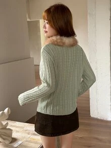 K-Vae Women's Autumn/Winter Green Fur Collar Patchwork Horn Button Sweet Versatile Sweater - Cadet Blue - View 2
