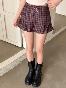 K-Vae Women's Vintage Maillard Brown Plaid Bow Ruffle Shorts - Brown - View 5