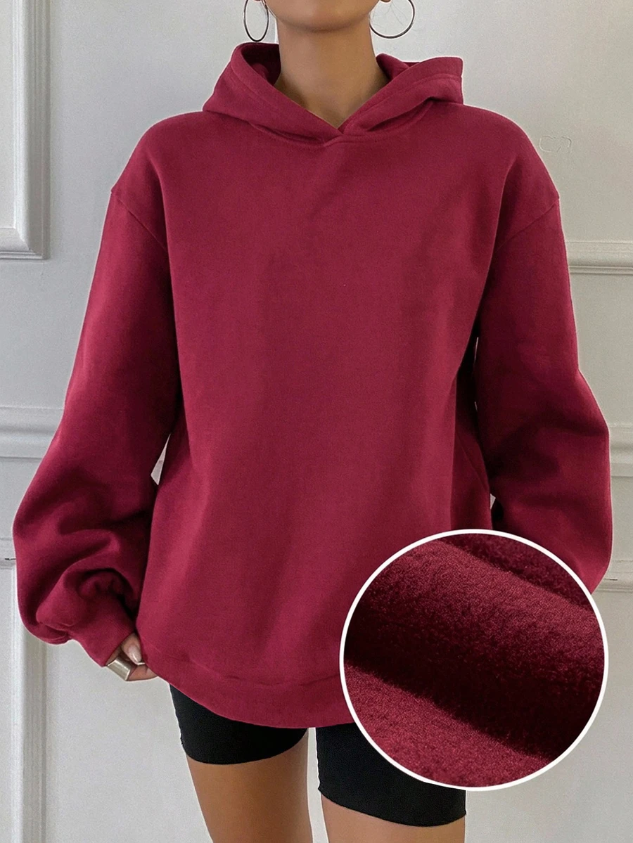 DAZY Women's Black Solid Color Loose Drop Shoulder Long Sleeve Casual Versatile Pullover Sweatshirt Hoodies - Burgundy - View 1