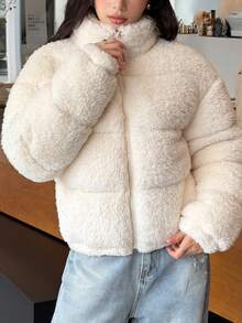K-Vae Women's Beige Plush Padded Coat, Autumn/Winter - Beige - View 4