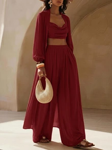 Zivah Women's Solid Color Lantern Sleeve Long Robe Cropped Halter Neck Tank Top And Wide Leg Pants Fashion Vacation Set - Burgundy - View 3