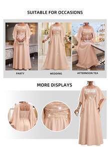 SHEIN CURVE+ Plus Size Women Solid Color Square Neck Lace Applique Patchwork Waist-Cinching Slimming Cape Sleeve Dress Fall - Pink - View 6
