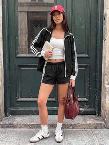 Comfortcana 女款休閒運動拉鍊長袖條紋拼接夾克與條紋拼接短褲2件套 - 黑色 - 查看 7