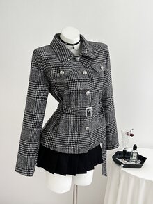 Elamini Jaket Pendek Wol Vintage Wanita Musim Gugur/Dingin - Hitam - View 3