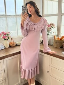 Snug Reverie Gaun Santai Wanita Gaya Prancis dengan Ruffle, Leher V, dan Pita, Panjang Sedang - Dusty Pink - View 1