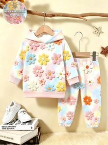SHEIN 幼童女童花卉連帽衫與慢跑褲套裝，彩色3D花朵印花舒適休閒套裝，秋冬款，2件組 - 彩色 - 查看 4