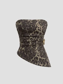 Sweetra Women's Denim Animal Print Bandeau Top - Multicolor - View 3