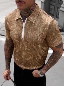 Manfinity CasualCool 男士印花 1/4 拉鍊設計短袖時尚 Polo 衫 - 咖啡棕 - 查看 4