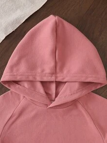 SHEIN 女嬰運動休閒衛衣套裝，連帽長袖上衣搭配長褲，粉色素面柔軟針織連帽衫與運動長褲套裝 - 粉色 - 查看 3