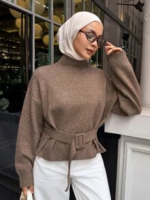 DAZY Women's Solid Color Sweater With Belt, Urban Renaissance Street Style, Casual Fashion, Creative Personalized Streetwear - Khaki - View 5
