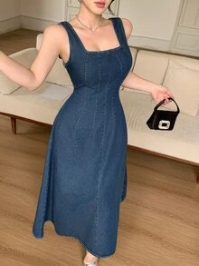 Dazy Tall Đầm denim nữ cổ vuông dây áo mỳ Ý - Rửa tối - Xem 4