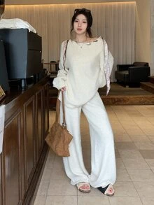 DAZY Women's Off-Shoulder Solid Color Casual Long Sleeve Korean Style Sweater 2 Pieces Set - Apricot - View 4