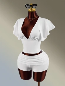 Amplova Women's White V-Neck Ruffle Backless Super Short Tight Shorts Set - White - View 3