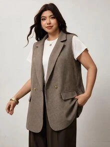 Enliva Plus Size Plaid Lapel Vest Top Apple - Brown - View 7