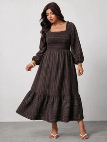 Enliva Plus Size Women's Vacation Loose Plaid Dress - Brown - View 3