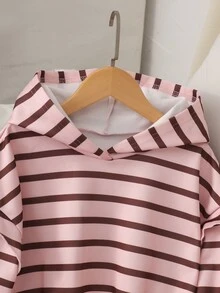 SHEIN 青少年女孩抓絨內裡條紋連帽衛衣與運動長褲2件套：保暖冬季休閒連帽運動服 - 粉色 - 查看 3