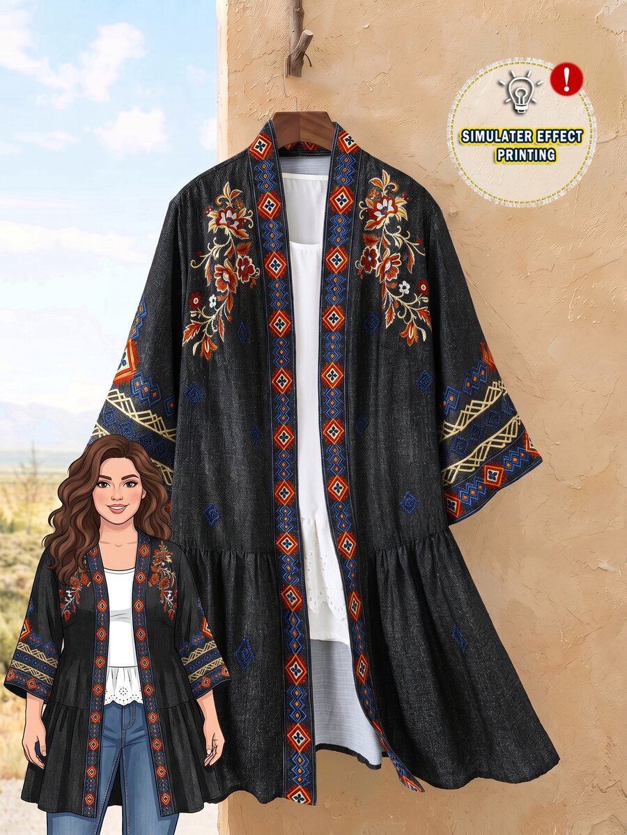 Rusticease Plus Size Women's Spring/Autumn Geometric Pattern Bell Sleeve Jacket, Fashion Creative Personalized, Suitable For Vacation - Black - View 1