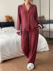 Napfluff Red Plaid Women's Patchwork Plush Open Front Pajama Set, 2 Pieces - Red - View 7