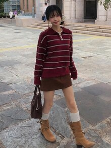 DAZY Women's Colorblock Striped Loose Fit Lapel Long Sleeve Casual Street Vacation Spring Autumn Winter Pullover Knit Sweater - Red - View 3
