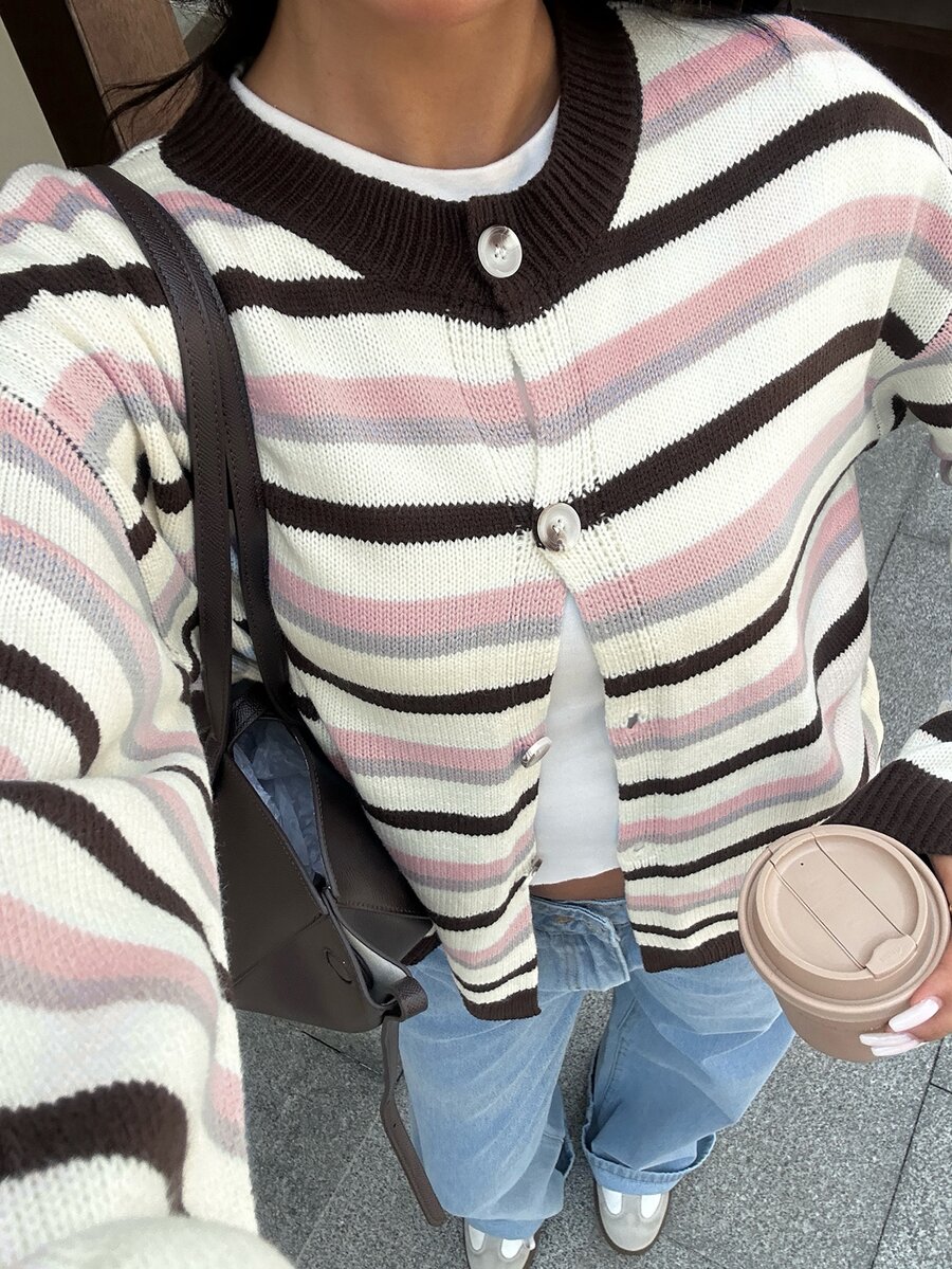 Autumina Women's Gentle Style Contrast Color Striped Cardigan Sweater, Autumn/Winter - Multicolor - View 1
