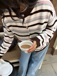 Autumina Women's Gentle Style Contrast Color Striped Cardigan Sweater, Autumn/Winter - Multicolor - View 7