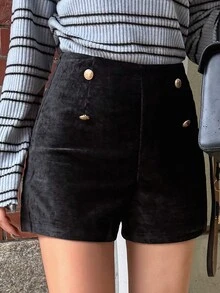 FRIFUL Women's Casual Commute Button Design Shorts - Black - View 7