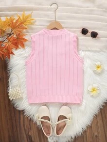 SHEIN (Tween Girl) 粉色純棉V領麻花編織刺繡針織背心，柔軟舒適，適合日常穿著、外出、旅行、度假、托兒所與玩耍 - 粉色 - 查看 2