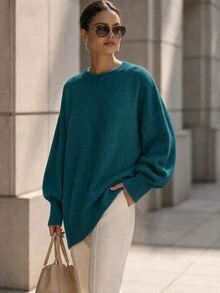 SHEIN Women's Round Neck Long Sleeve Loose Solid Color Versatile Minimalist Sweater - Blue - View 4