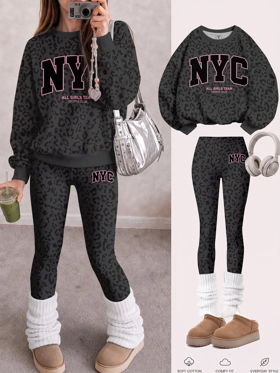 黑粉配色時尚豹紋運動風拼色 NYC 字母圖案女款青少年休閒軟舒適寬鬆圓領套頭衛衣+內搭褲 2 件套,適合秋冬日常、街頭風、甜酷開學穿搭、美式高街慵懶隨性時尚套裝 - 彩色 - 查看 1