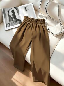 GlowEve CURVE Plus Size Women Solid Color Asymmetric Waistband With Contrasting Resin Button, Back Elastic Waist, Hand Pocket Pleated Wide Leg Pants - Khaki - View 2