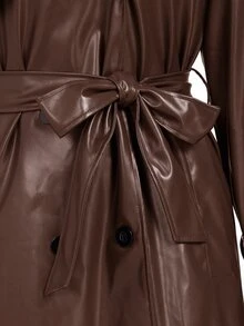 SHEIN Clasi 女款純色PU皮革抓絨內裡時尚百搭日常休閒風衣 - 咖啡棕 - 查看 5