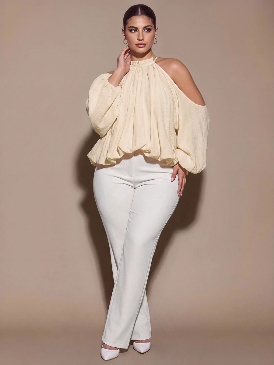 SHEIN BAE CURVE Plus Size Women's Solid Color Cold Shoulder Lantern Sleeve Fashion Blouse - Apricot - View 1