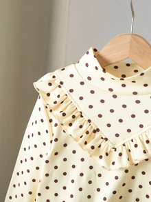 SHEIN 2件組女童幼兒簡約可愛波點印花荷葉邊高領保暖內層T恤上衣，黃色與棕色，秋冬款 - 彩色 - 查看 4