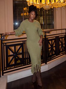 Slaydiva Hooded Off Shoulder Fringe Knit Maxi Dress Bodycon Mermaid Dress-A - Green - View 7