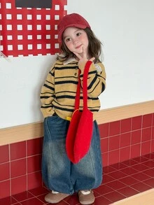 DAZY Sweater Lengan Panjang Kasual Harian Motif Garis-Garis untuk Bayi Perempuan - Kuning - View 8