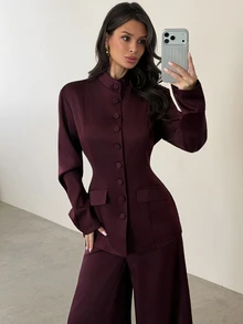 Firerie Women's Solid Color Long Sleeve Jacket And Pants Casual Commute Suit Set - Red Violet - View 1