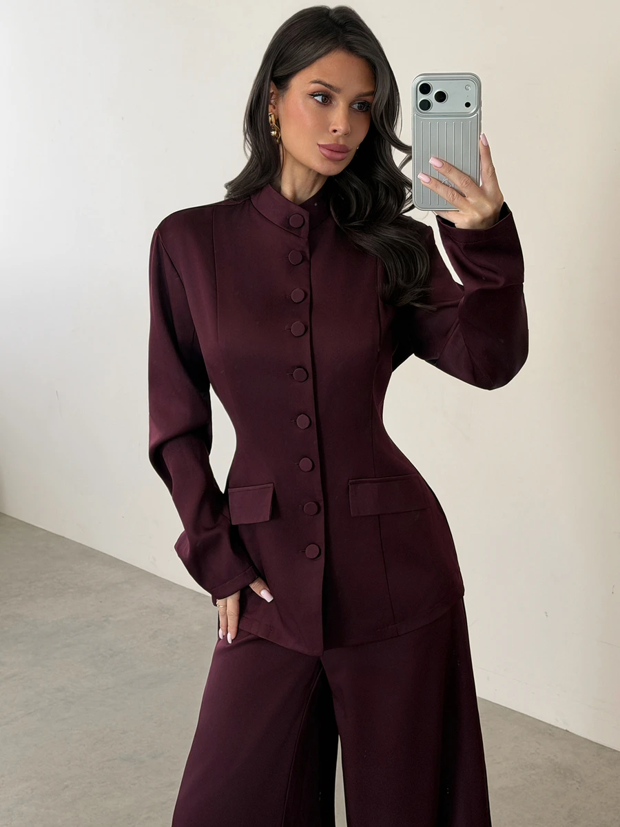 Firerie Women's Solid Color Long Sleeve Jacket And Pants Casual Commute Suit Set - Red Violet - View 1