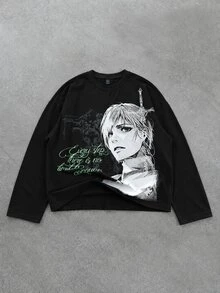 ROMWE MEN Street Life Anime Character Print Long Sleeve T-Shirt - Black - View 1