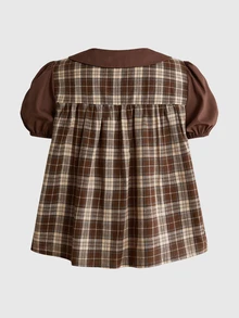 ROMWE Kawaii Autumn/Winter Retro Cute Versatile Plaid A-Line Peter Pan Collar Doll Hem Flattering Slimming Women's Blouse - Coffee Brown - View 2