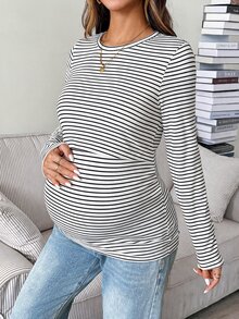 SHEIN 孕婦條紋圓領長袖休閒哺乳上衣 - 白色 - 查看 5