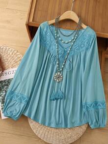 Rusticease Women's Plus Size Vacation Casual Boho Lace Hollow Patchwork Long Sleeve T-Shirt High Tea Vacation Light Blue Fall Beach Going Out - Blue - View 2