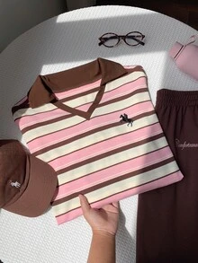 Comfortcana 女款秋冬保暖內裡拼色織帶飾邊刺繡寬鬆版型 Polo 領運動衫，休閒女式上衣 - 彩色 - 查看 2