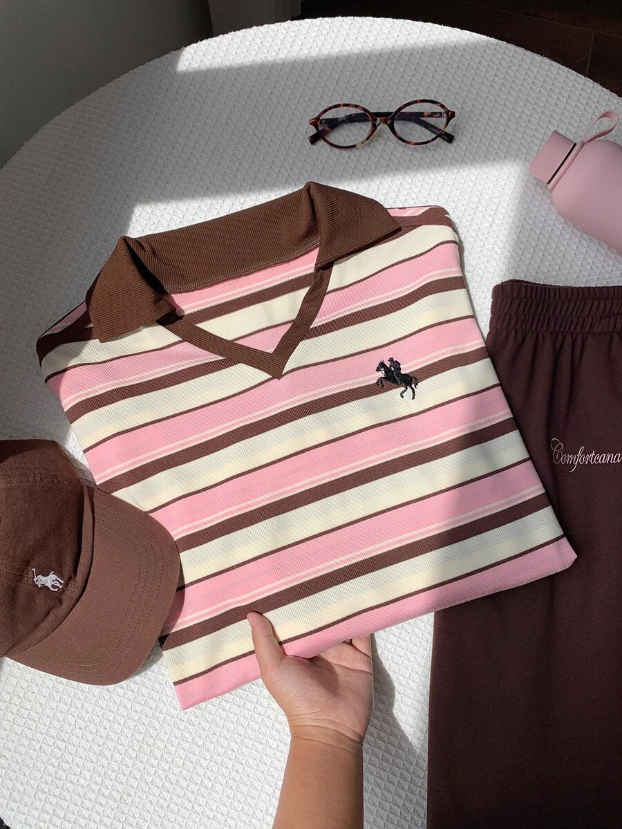 Comfortcana 女款秋冬保暖內裡拼色織帶飾邊刺繡寬鬆版型 Polo 領運動衫，休閒女式上衣